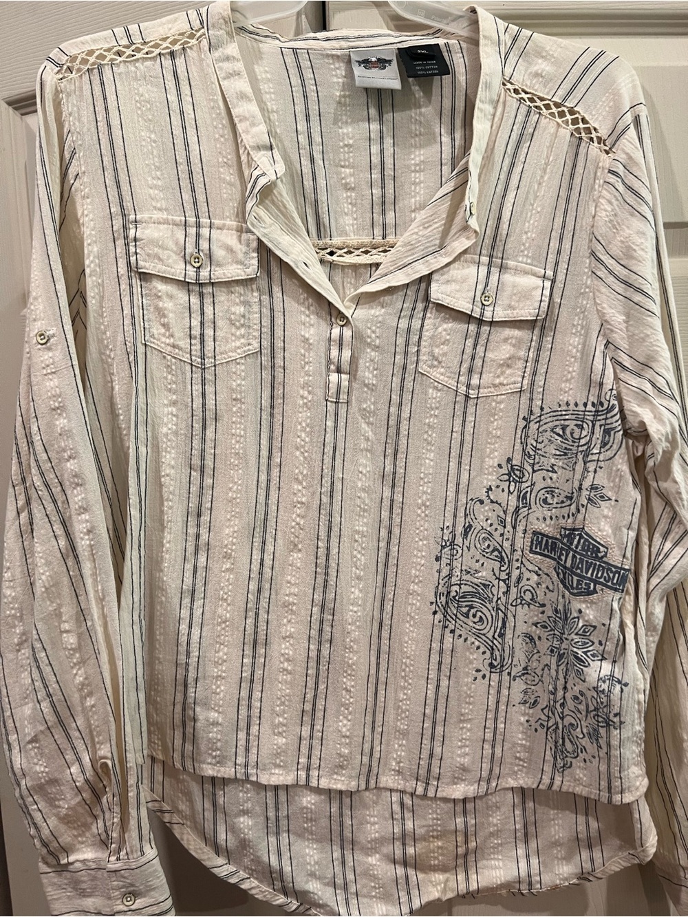 Harley-Davidson Cream and Navy Striped Long-Sleeve Blouse